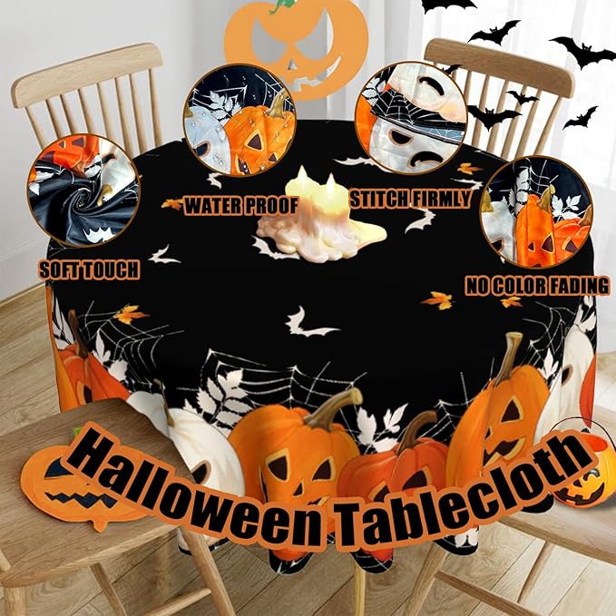Halloween Round Tablecloth 60x60 Inch Pumpkin Ghost Table Cover Holiday Decorations Seasonal Decor for Home Kitchen Dining Room Picnic Party Fall Thanksgiving