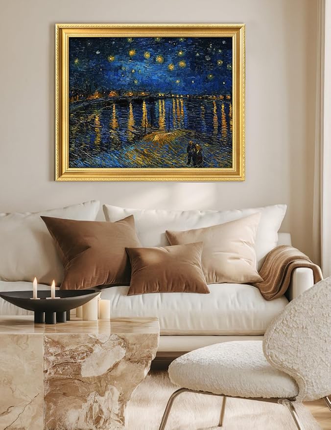 DECORARTS - Vincent van Gogh's Starry Night Over the Rhone. Museum-Quality Giclee Print on Cotton Canvas, Ornate Gold Solid Wood Frame, Framed Size: 34.75x28.75 in, Made in USA