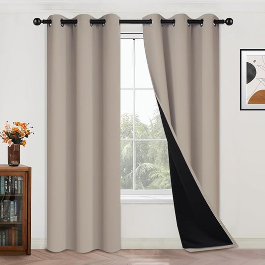 Yakamok 100% Blackout Curtains 84 Inches Long, 2 Thick Layers Heat and Full Light Blocking Soft Thermal Insulated Drapes for Bedroom(42" Wide Each Panel, Natural, 2 Panels)