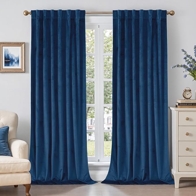 BGment Blue Velvet Curtains 96 Inches for Living Room, Thermal Insulated Blackout Curtains Room Darkening Drapes with Back Tab and Rod Pocket for Bedroom, Set of 2 Panels, 52 x 96 Inch