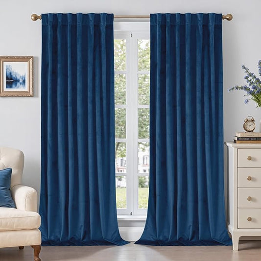 BGment Blue Velvet Curtains 96 Inches for Living Room, Thermal Insulated Blackout Curtains Room Darkening Drapes with Back Tab and Rod Pocket for Bedroom, Set of 2 Panels, 52 x 96 Inch