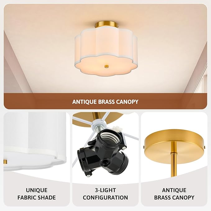 VONLUCE Semi Flush Mount Ceiling Light, 13" Ceiling Light Fixture with Flower-Shaped Fabric Shade, 3-Light Modern Light Fixture for Bedroom Living Room Nursery Hallway, White Shade & Gold Finish