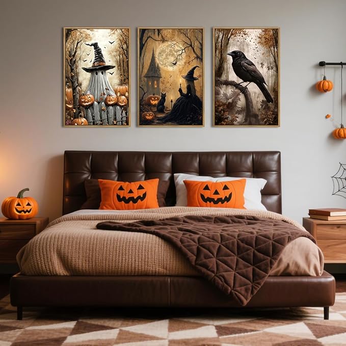 ANHUIB Large Halloween Wall Art Spooky Ghost Witch Wall Decor Black Cat with Crow Painting 16x24 Inch Set of 3 for Living Room Bedroom
