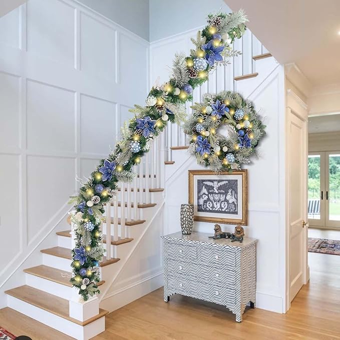 WANNA-CUL Pre-Lit 6 ft Silver Blue Christmas Garland Decor with Lights for Front Door Lighted Christmas Mantel Garland Decoration