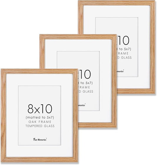 Natural Oak 8x10 Picture Frames Set of 3, Solid Oak Wood Frame, Matted to 5x7, Tempered Glass, Wall & Tabletop, 3 Pack
