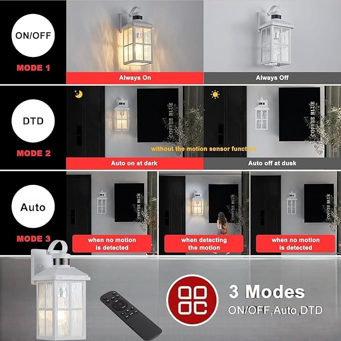 Porch Lights Outdoor with Remote Control: Motion Sensor Exterior Lighting Fixtures Intelligent 3 Lighting Modes Outdoor Wall Lights Sconce Lights for House Patio Front Door Garage