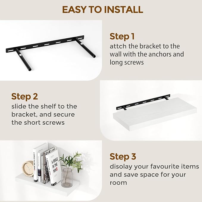 White Floating Shelves for Wall, 16 x 9.3 Wall Shelves Set of 2, Deep Bathroom Shelf with Invisible Bracket, Rustic Wood Floating Shelf for Bedroom, Living Room, Kitchen