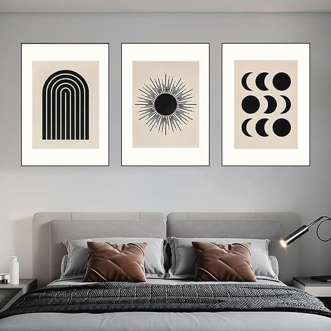 Modern Black Framed Canvas Wall Art Set,Black and White Beige Sun Moon Geometric Design Art Painting,Abstract Nature Artwork,Large Boho Wall Decor for Living Room,Bedroom,Office-24''x32''x3piece