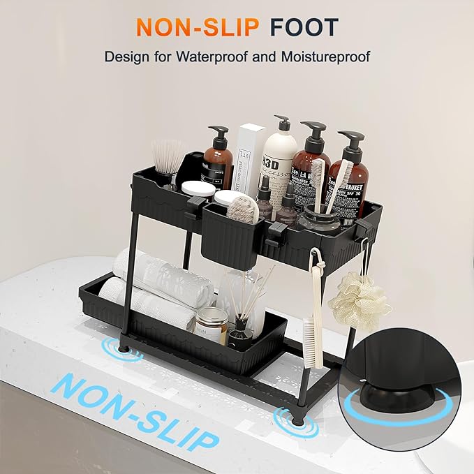 4 Pack Under Sink Organizer, Bathroom Organizers and Storage, 2 Tier Multi-Use Pull Out Cabinet Organizer with Hang Hooks and Cups (Black, 4 Pack)