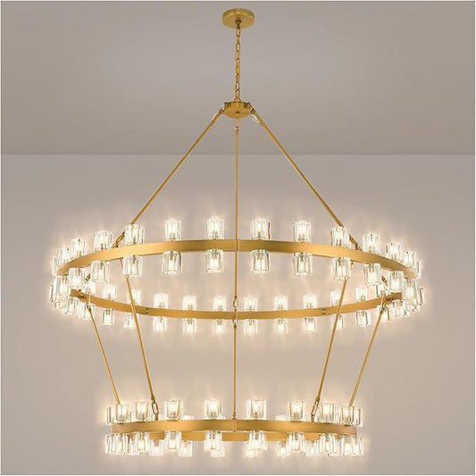 60 Inch Gold Wagon Wheel Chandelier with Crystal Shade, 2 Tier 100 Lights, Modern Farmhouse Style, Ideal for Dining Room, Kitchen, Entryways
