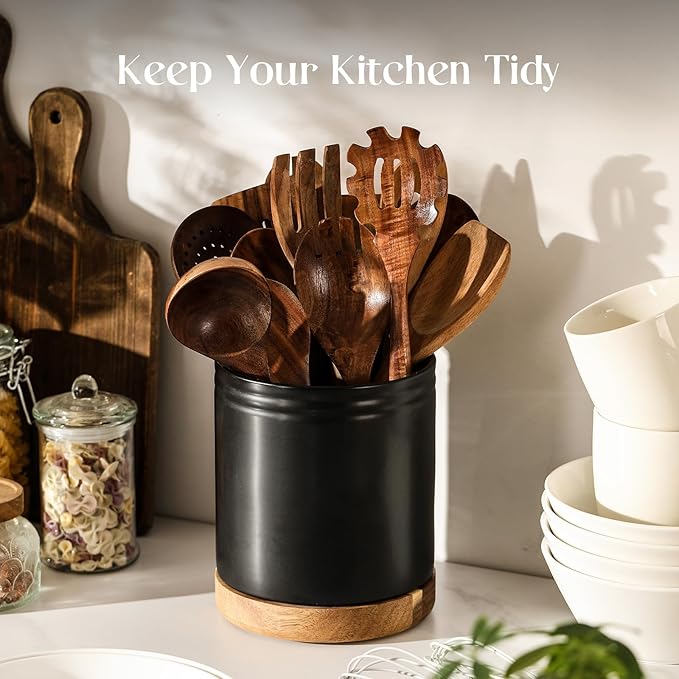 DOWAN 7.6" 360° Rotating Utensil Holder, Kitchen Utensil Holder for Countertop, Ceramic Utensil Crock, Large Cooking Utensil Caddy for Kitchen Counter, Protection Cork Bottom, Black