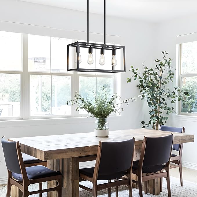 Dining Room Light Fixture 4 Light Black Farmhouse Chandelier Modern Kitchen Island Pendant Lighting Rectangular Hanging Lights for Kitchen Dining Room Adjustable Height Metal E26 Base