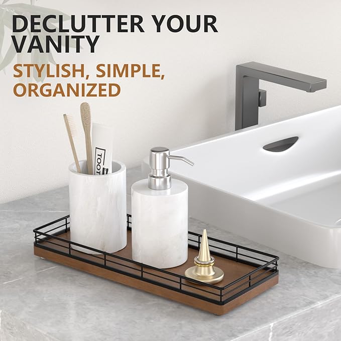 Bathroom Tray for Counter Top Organizer – Oak Wood Vanity Tray with Metal Frame for Dresser, Kitchen, Nightstand – Black & Brown Decorative Storage