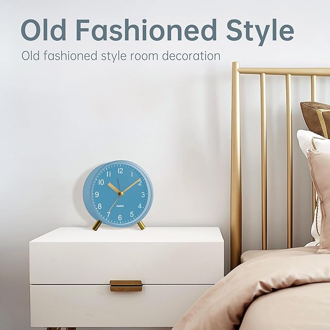 Analog Alarm Clock, 4 inch Super Silent Non Ticking Small Clock with Night Light, Battery Operated, Simple Design, easy setting for Office, Bedroom, Bedside, Desk, teens, elders, kids, adult, Skyblue