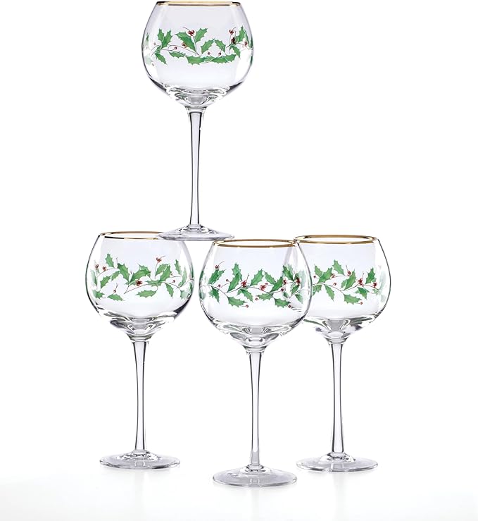 Lenox Drinkware, Holiday 4-Piece Wine Balloon Glass Set, Set Of 4, 16 Oz Capacity, Made From Glass, Festive Red Christmas Design, Hand Wash Only, Christmas Decorations, Winter Decor (4 Piece)