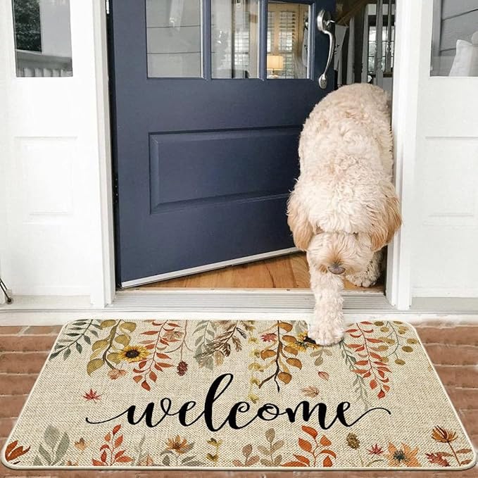 ORTIGIA Welcome Fall Doormat Indoor Outdoor Patio Eucalyptus Leaves Sunflowers Door Mats Non-Slip Durable Entrance Mat for Farmhouse Home Entrance, Outside Entry, Yard, Floor, Patio 32x47 Inch