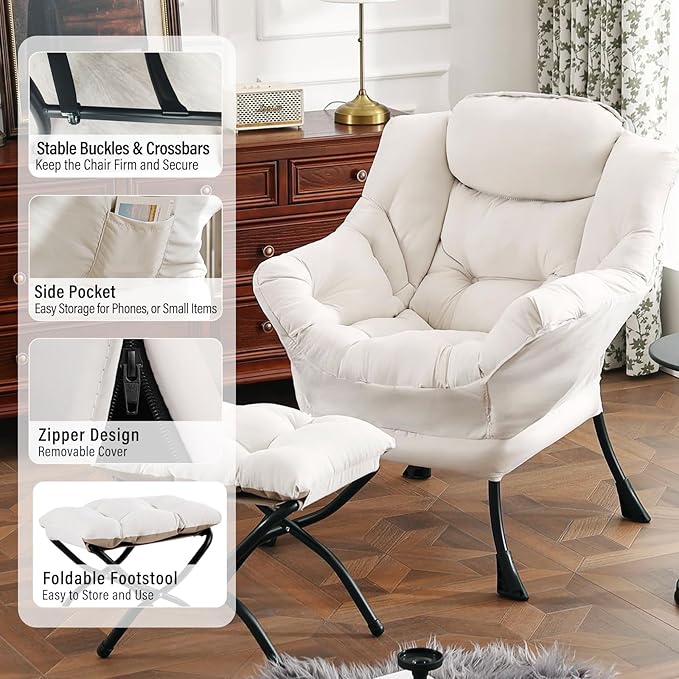 Lazy Chair with Ottoman, Modern Chair with Folding Footrest, Lounge Accent Chair, Comfortable Reading Chair, Oversized Armchairs for Bedroom, Study, Living Room, Courtyard (Beige