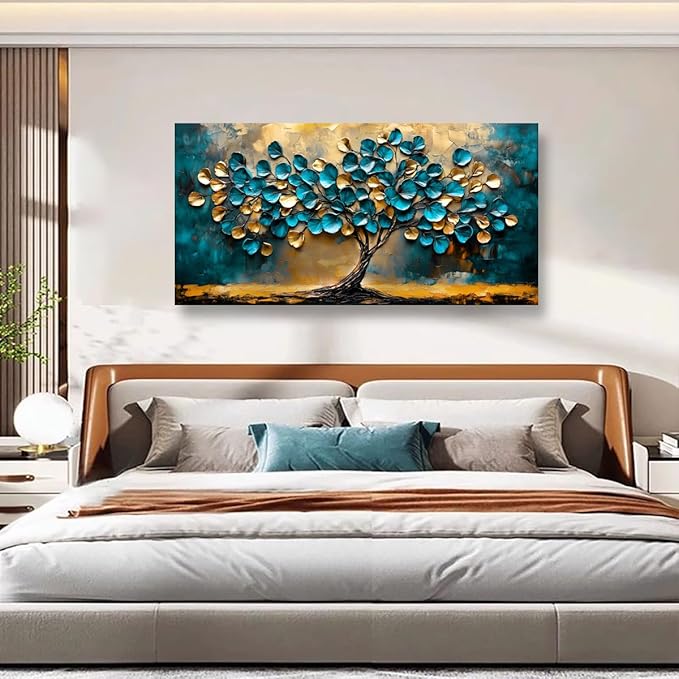 Tree of life Teal Gold Leaf Pictures Canvas Wall Art for Living room Office Bedroom Wall Decor,Abstract Wall Art Print Paintings Modern Blue Leaves Artwork Waterproof Ready to Hang-20x40inch