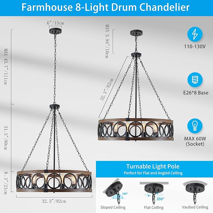 XINGQI 8 Lights Modern Farmhouse Chandelier Black 32.3" Large Drum Light Fixture Rustic Pendant Lighting for Living Room Dining Room Kitchen Island Bar Office, Round Metal Shade Wood Grain Finish