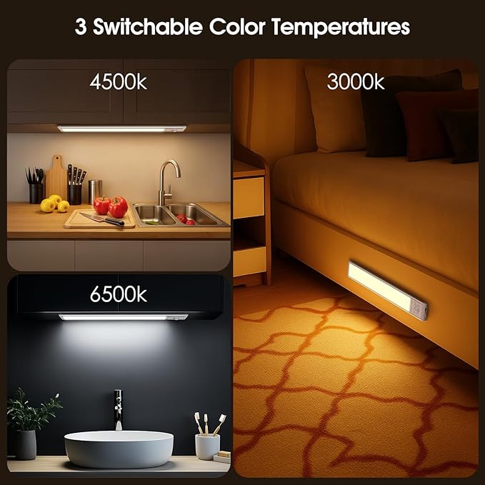 Chasesun 9.6inch Under Cabinet Lights, LED Motion Sensor Closet Light, Wireless USB-C Rechargeable Under Counter Lights 3 Color Temperatures & Adjustable Brightness, Magnetic Mount for Kitchen, 5 Pack
