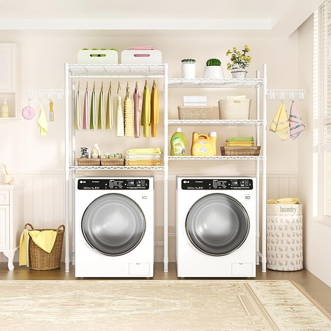 Ulif U5 Over the Washer and Dryer Storage Shelf, Laundry Room Space Saver Bathroom Storage and Organizer Rack for Hanging Towels and Drying Clothes with 5 Wire Shelves, 58.2"W x 13.4"D x 77.5"H, White