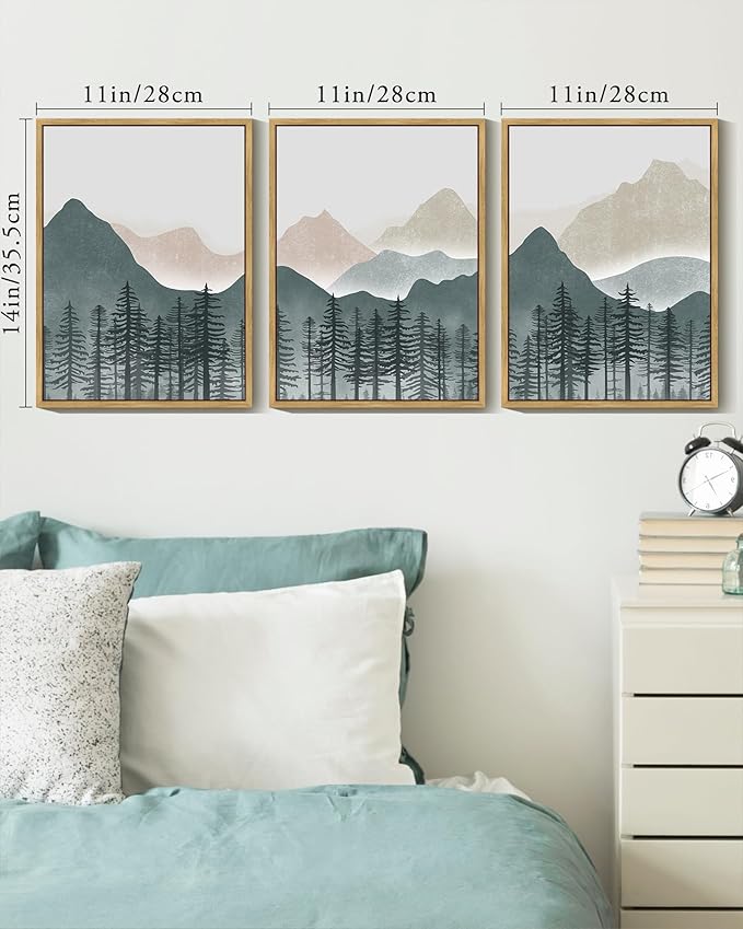 KUVIOKE Mountain Landscape Framed Wall Art Boho Nature Forest Paints Rustic Farmhouse Decor for Bedroom Dining Room Living Room 11x14in (Natural Framed)