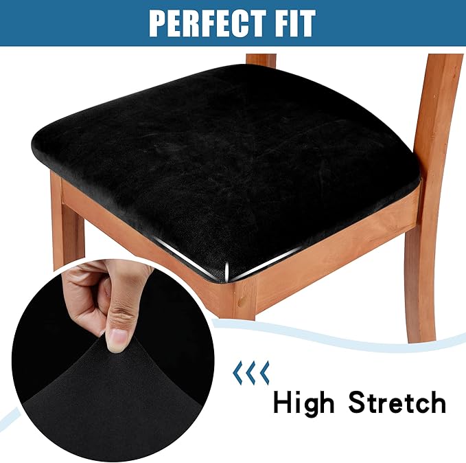 Smiry Velvet Seat Covers for Dining Room Chair Set of 4, Stretch Fit Removable Washable Chair Seat Cushion Protector Slipcovers with Ties, Black