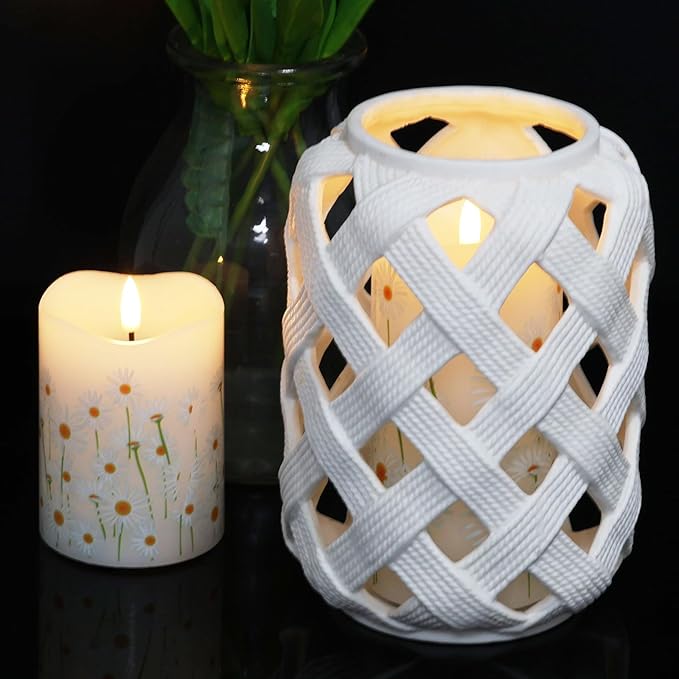 Eywamage White Floral Flameless Pillar Candles with Remote, Flickering Spring Daisy Battery LED Candles Set of 2