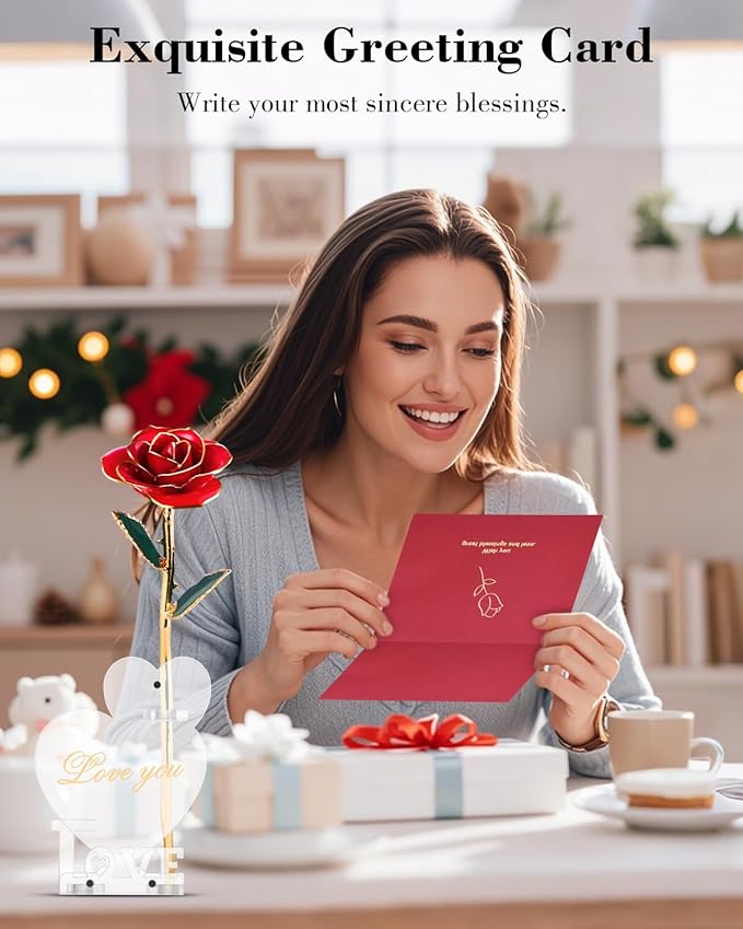 24K Gold Dipped Real Rose, Valentines Day Romantic Gift for Her, Eternal Preserved Red Forever Rose with Love Heart Stand, Anniversary Birthday Mothers Day Best Gift for Women Mom Wife Girlfriend