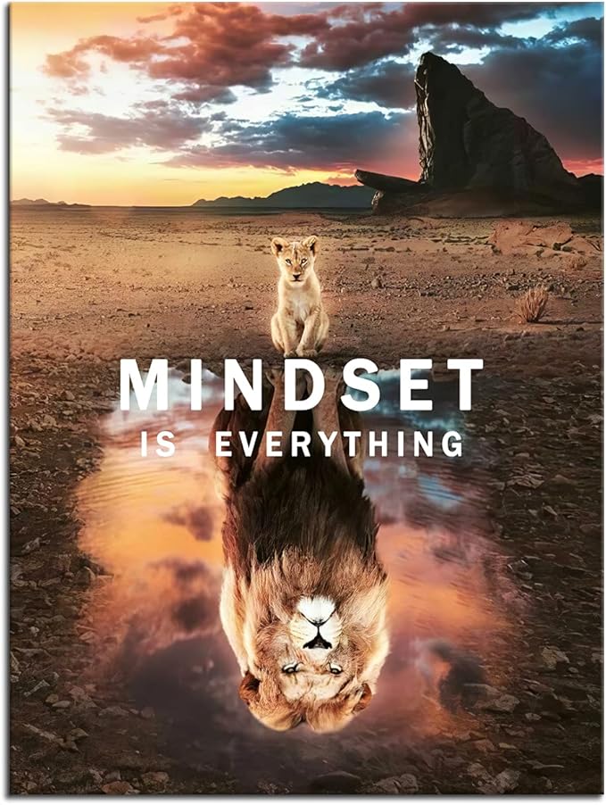 Mindset is Everything Inspirational Canvas Wall Art Little Lion Big Lion Picture Print Artwork Inspirational Entrepreneur Quotations Poster Office Decoration Bedroom Frame Ready to Hang[30″W X 40″H]