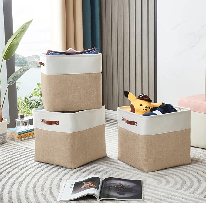 DECOMOMO Storage Cubes, 12x12 Storage Bins, Baskets for Shelves (Beige & White, Cube 12" - 4 Pack)