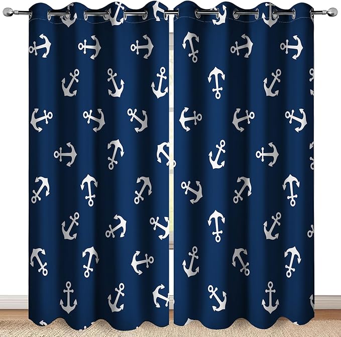 MissHope Nautical Anchor Blackout Curtains Ocean Beach Coastal Beach Theme Home Decoration Drape Sailing Ship Boat Decor for Bedroom Living Room Classroom Grommet Window Drapes 2 Panels, 42x63 Inch