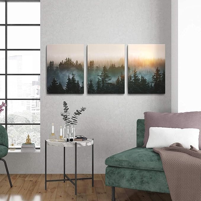 Forest Bathed in Sunlight Canvas Print Picture Painting Wall Art for Bedroom Living Room Framed 3 Piece Artwork Wall Decor for Bathroom Modern Room Plants Wall Decorations Size 12x16x3 Ready to Hang