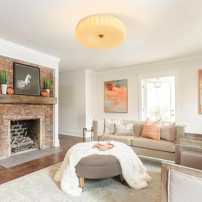 KCO Lighting Round Large LED Flush Mount Ceiling Light Yellow Ribbed Glass Flush Mount Light Mid Century Modern Bedroom Ceiling Lamp Unique Entryway Ceiling Light Fixtures