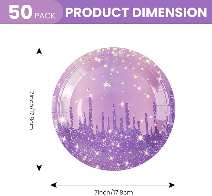 50PCS Purple Glitter Paper Plates 7inch Purple Gold Diamond Birthday Dessert Plate for Cake Salad Pizza Disposable plates Supplies for Girls Women Mermaid Anniversary Birthday Wedding Theme Party
