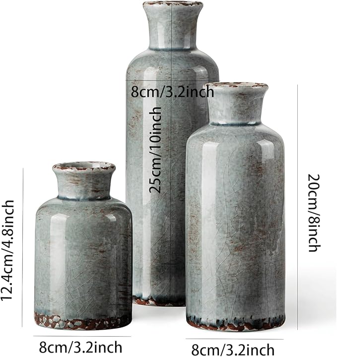 CwlwGO- Ceramic Rustic Vintage Blue Vase, Suitable for Home Decoration, 3 Piece Set of Glazed Decorative Vases, Kitchen, Bedroom.Living Room Table,Shelf Decorations.