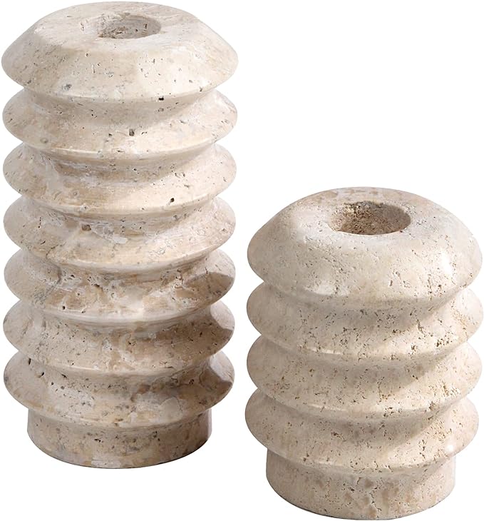 HofferRuffer Travertine Candlestick Holders, Set of 2 Natural Stone Candle Holder Decorative Candle Stands for Wedding, Dinning, Party, Table Centerpieces, Fits 3/4'' Thick Candles (Cream White)