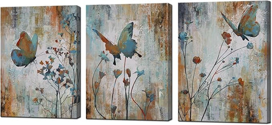 Biuteawal 3 Panel Canvas Print Teal Brown Butterfly Flower Painting Wall Art Plant Floral Picture Print on Canvas Vintage Artwork for Home Living Room Bedroom Bathroom Wall Decor Ready to Hang