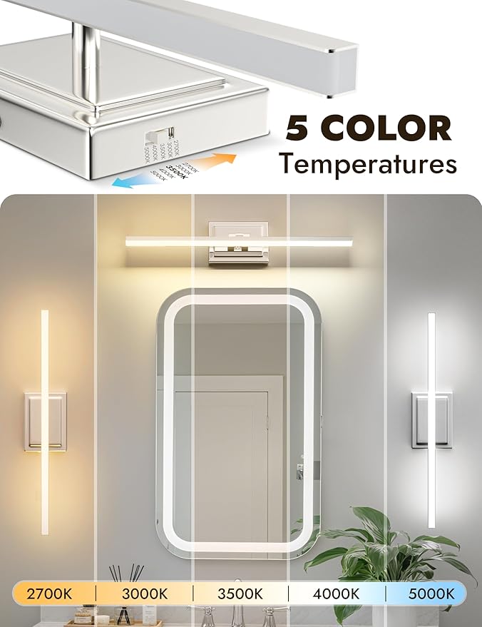 NIORSUN 24 Inch Modern Bathroom Light Fixture, 14W 5CCT Dimmable LED Chrome Bathroom Vanity Lights Over Mirror, Vanity Lights for Bathrooms Restroom Mirror- ETL Certified