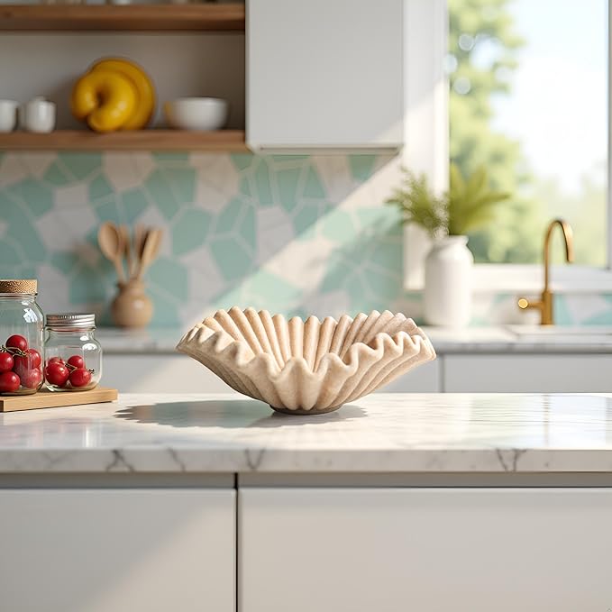 Large Decorative Bowl decor, Scalloped Pedestal Bowls for Modern Home Decor,Ruffle Decor,Stylish Key Bowl for Entry Table,Decorative Fruit Bowl for Kitchen Counter,Beige