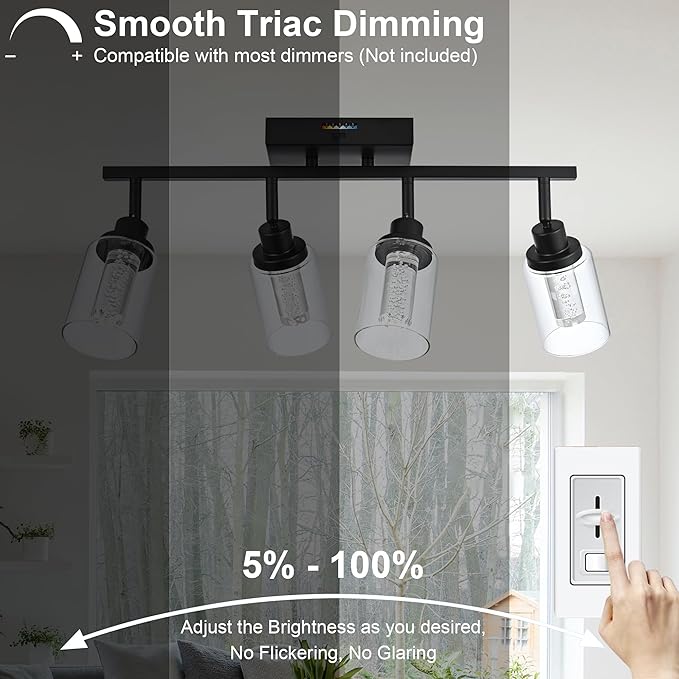 MELUCEE LED Track Lighting Fixtures Ceiling 4-Light Black Semi Flush Mount Ceiling Light Bathroom Wall Light with Flexibly Rotatable Light Heads, Built-in LED Chips, 5-Color Temperature Adjustable