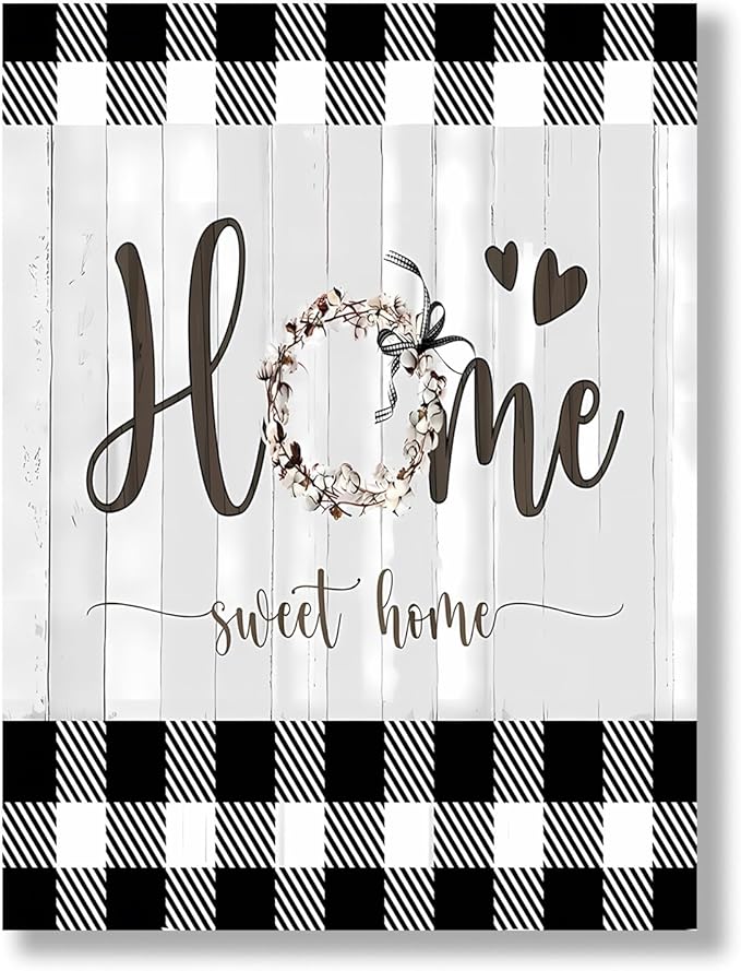 Black and White Canvas Wall Art 12x16in Sweet Home Wall Decor Rustic Plaid for Home Office Bathroom Bedroom Decor Canvas Wall Art