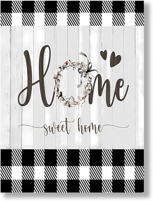 Black and White Canvas Wall Art 12x16in Sweet Home Wall Decor Rustic Plaid for Home Office Bathroom Bedroom Decor Canvas Wall Art