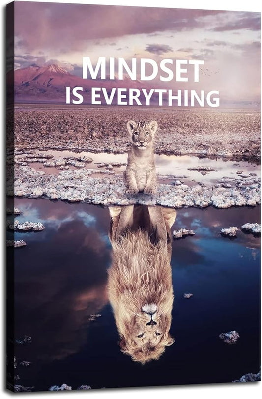 Motivational Canvas Painting Animal Poster Little Lion and Big Lion Mindset is Everything Wall Art Printing Office Decoration Frame[12''W X 18''H]