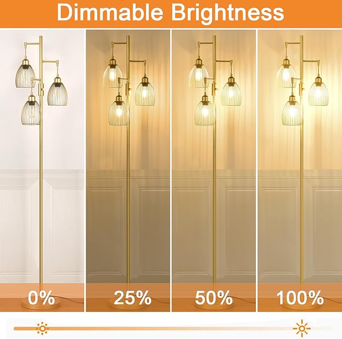 Dimmable Industrial Floor Lamps for Living Room, Gold Tree Standing Tall Lamps with 3 Elegant Teardrop Cage Head & 800 Lumens LED Bulbs for Bedroom Office