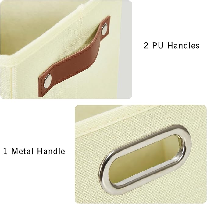 Large 3-Pack Foldable Fabric Storage Bins with Durable PU & Metal Handles , Collapsible Storage Baskets for Shelves, Home Storage, Closet Organizers, Living Room(14.9"x9.8"x9.8", Beige)