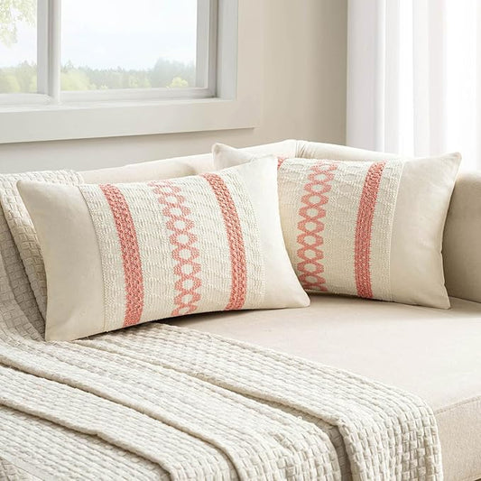 MIULEE Set of 2 Coral Red Boho Decorative Lumbar Pillow Covers 12x20 Inch Farmhouse Rustic Couch Throw Pillows Modern Summer Cushion Covers Retro Cute Macrame Woven Home Decor for Bed Sofa Chair