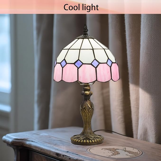 Tiffany-Style 8 Inch Table Lamp Mediterranean Series Stained Glass Lampshades Small Bedside Lamp Reading Antique Desk Light Livingroom Bedroom Office Vintage Art Deco Victorian(Color:Pink)