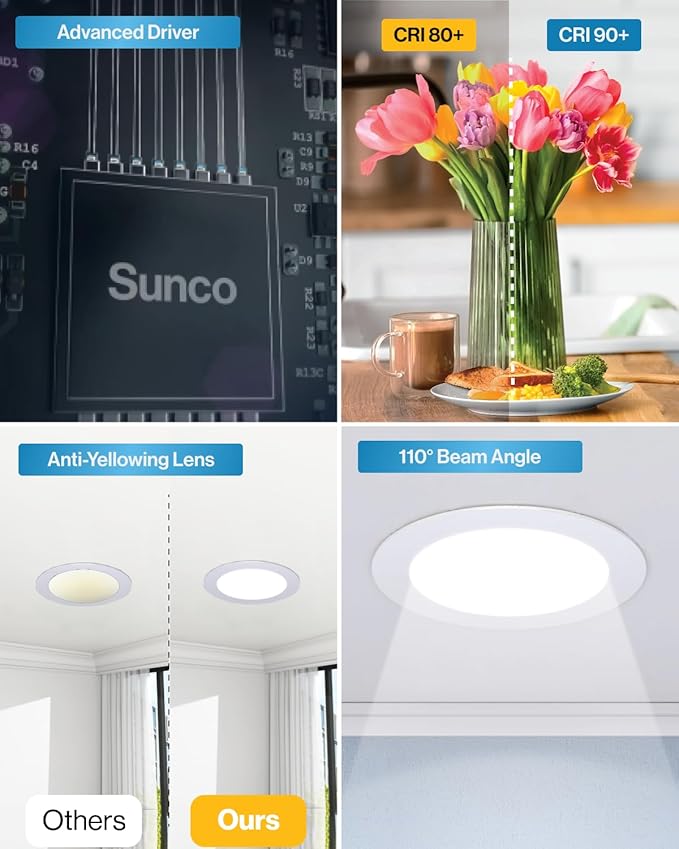 Sunco 6 Pack 4 Inch LED Recessed Lights, Slim Canless Ceiling Lighting, 650 LM, 10W (60W Equivalent), 5000K Daylight, Dimmable, Wafer Thin, Ultra Thin with Junction Box ETL.