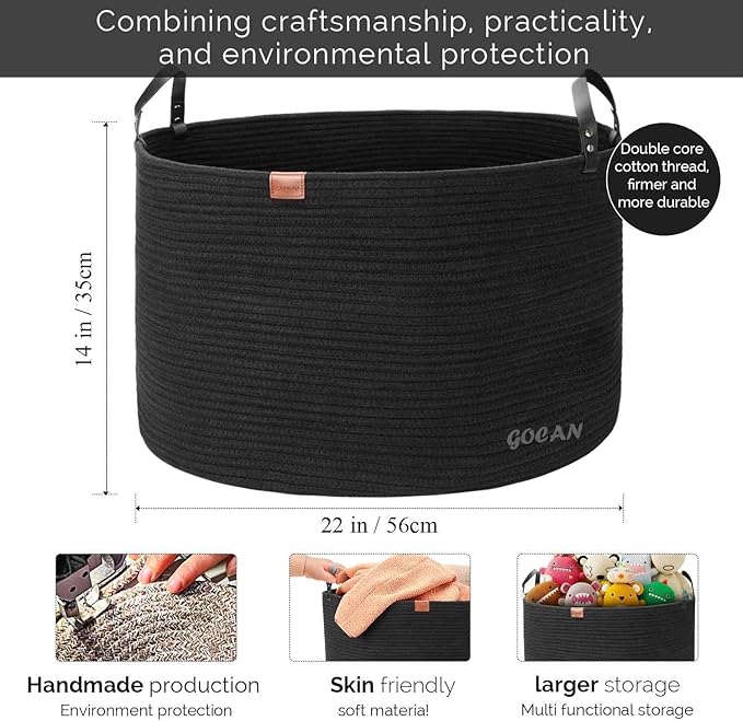 Extra Large Storage Laundry Basket 22" X 22"X 14" Cotton Rope Woven for Blanket Basket with Handles for Living Room Toys Storage XXXL (Pure Blk)